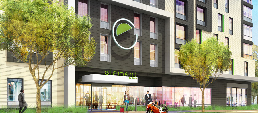 rendering of exterior of Element Hotel Boston